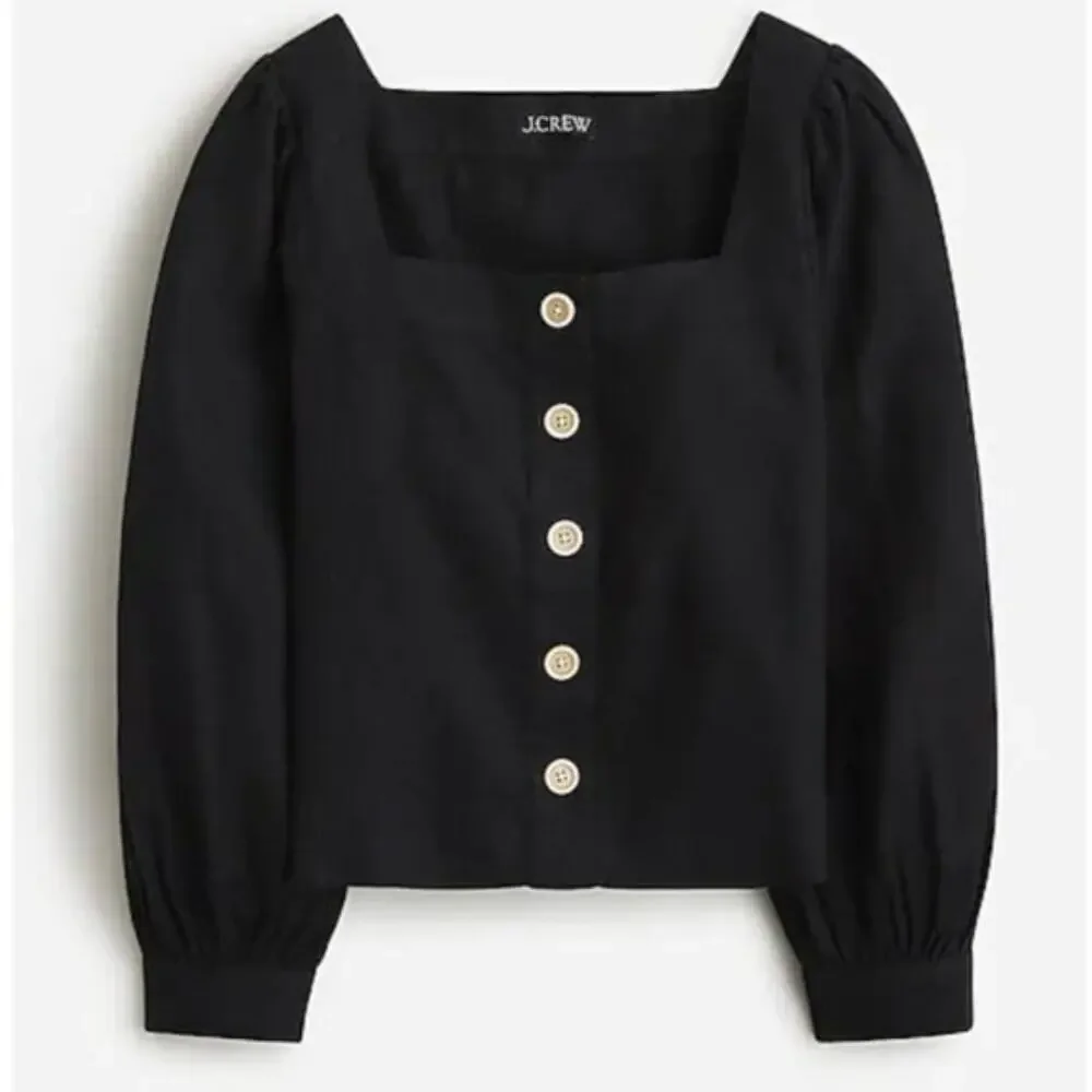 J. Crew Black Squareneck Button-Up Linen Top NWT Size X-Small